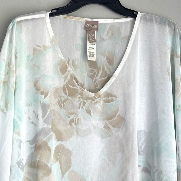 Chico's Chiffon Blouse Poncho Size S/M Floral Oversized Semi Sheer Top Cover - Picture 4 of 14